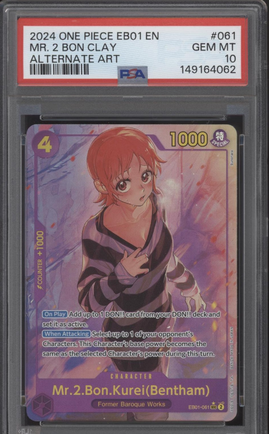 Mr. 2 Bon Clay One Piece Card Game EB01 Alternate Art #061 PSA 10
