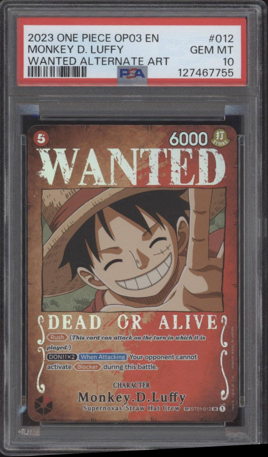 Monkey D Luffy One Piece Card Game OP03 Wanted Alternate Art #012 PSA 10