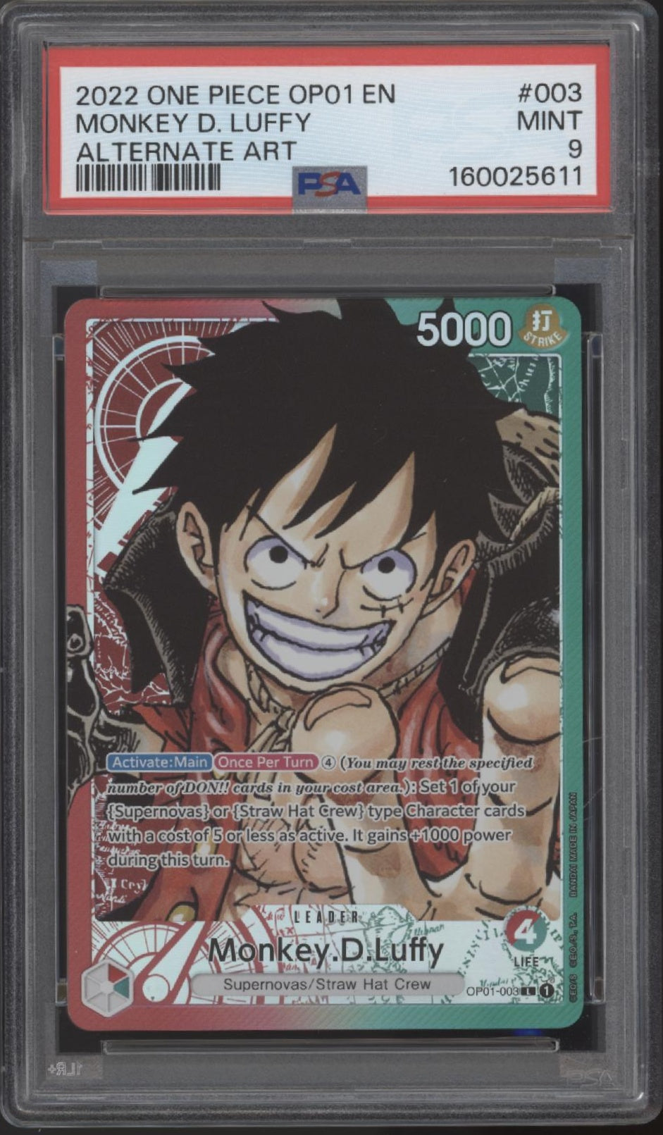 Monkey D Luffy One Piece Card Game OP01 Alternate Art #003 PSA 9