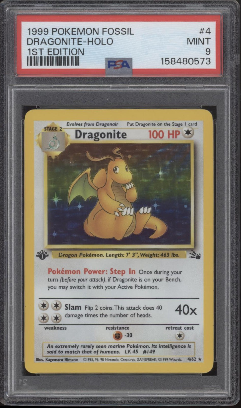 Dragonite Pokemon Fossil Holo 1st Edition #4 PSA 9